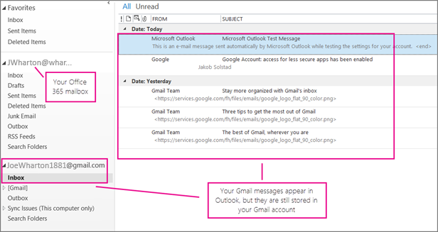 Outlook synced with Gmail Account