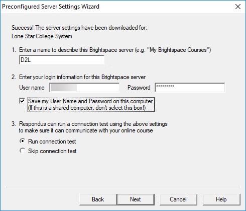 Shows preconfigured server settings window