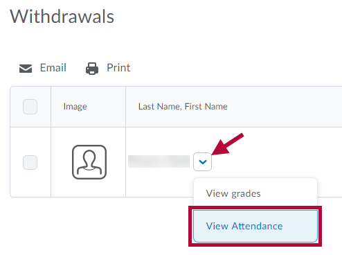 Identifies View Attendance option and indicates context menu