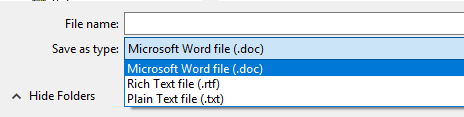 Shows the file types to choose from when saving.