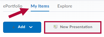 Indicates My Items tab and identifies the New Presentation button.