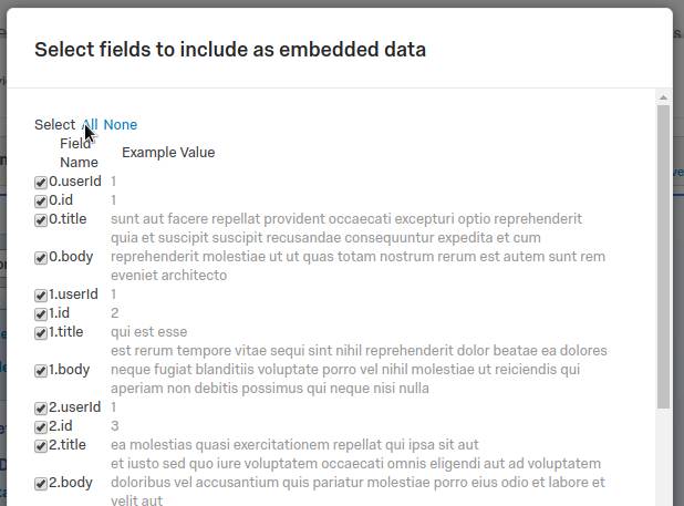 'Select fields to include as embedded data' window with results displayed, and checkboxes for each data piece.