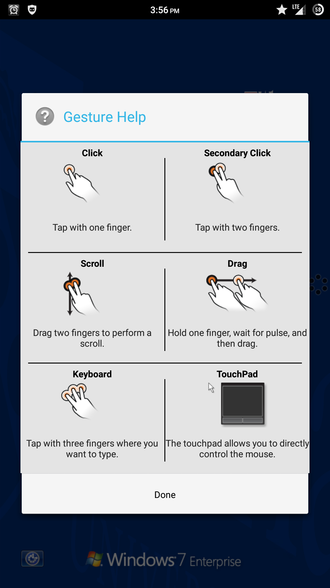 Screenshot showing available Android gestures.
