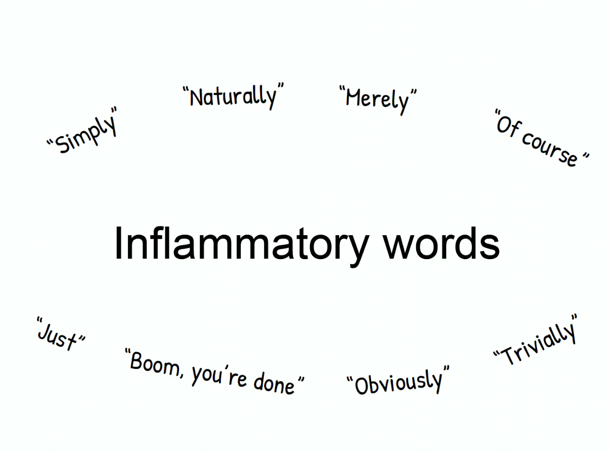 The slide is titled Inflammatory Words and lists 8 inflammatory words: simply, naturally, merely, of course, just, obviously, trivially, and boom, you're done