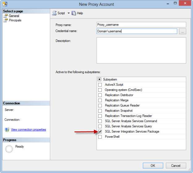 SSMS New Proxy Account Active to the following subsystems example