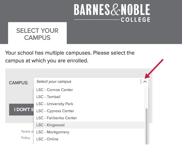 Indicates drop down for choosing campus.