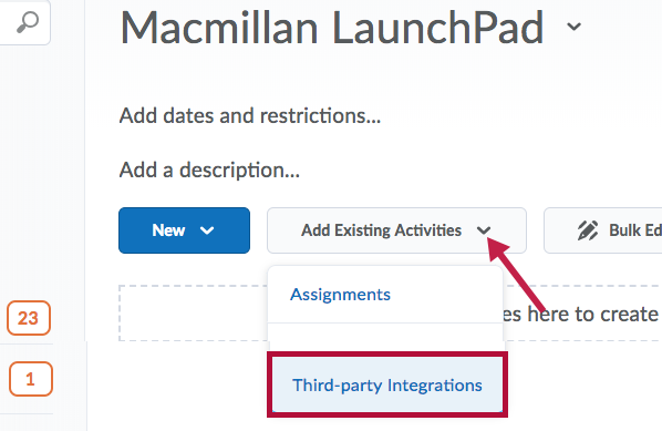 Indicates Add existing activities button and identifies Third Party Integration choice.