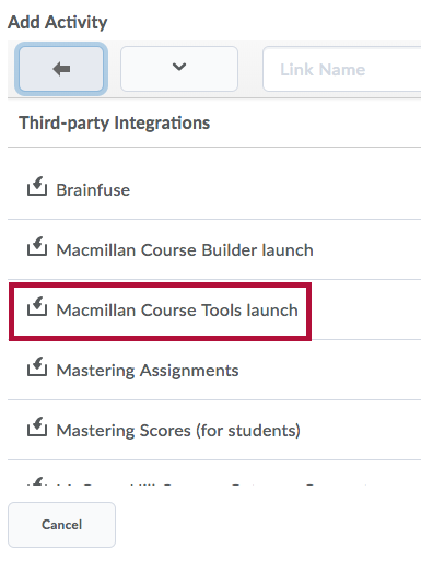 Identifies Macmillan Course Tools :Launch selection