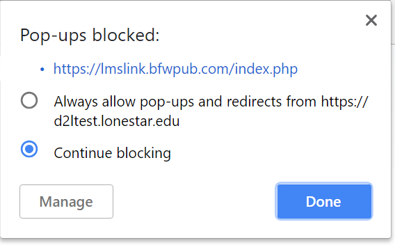 Shows Pop-up blocker confirmation page.