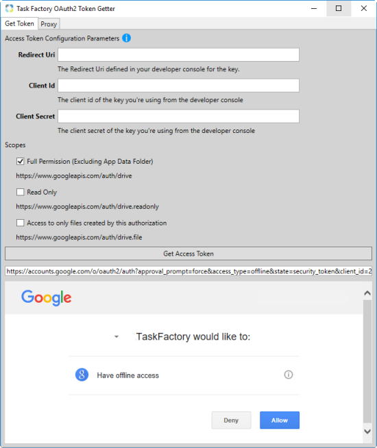 Task Factory Google Drive OAuth2 Token Getter Full Permission
