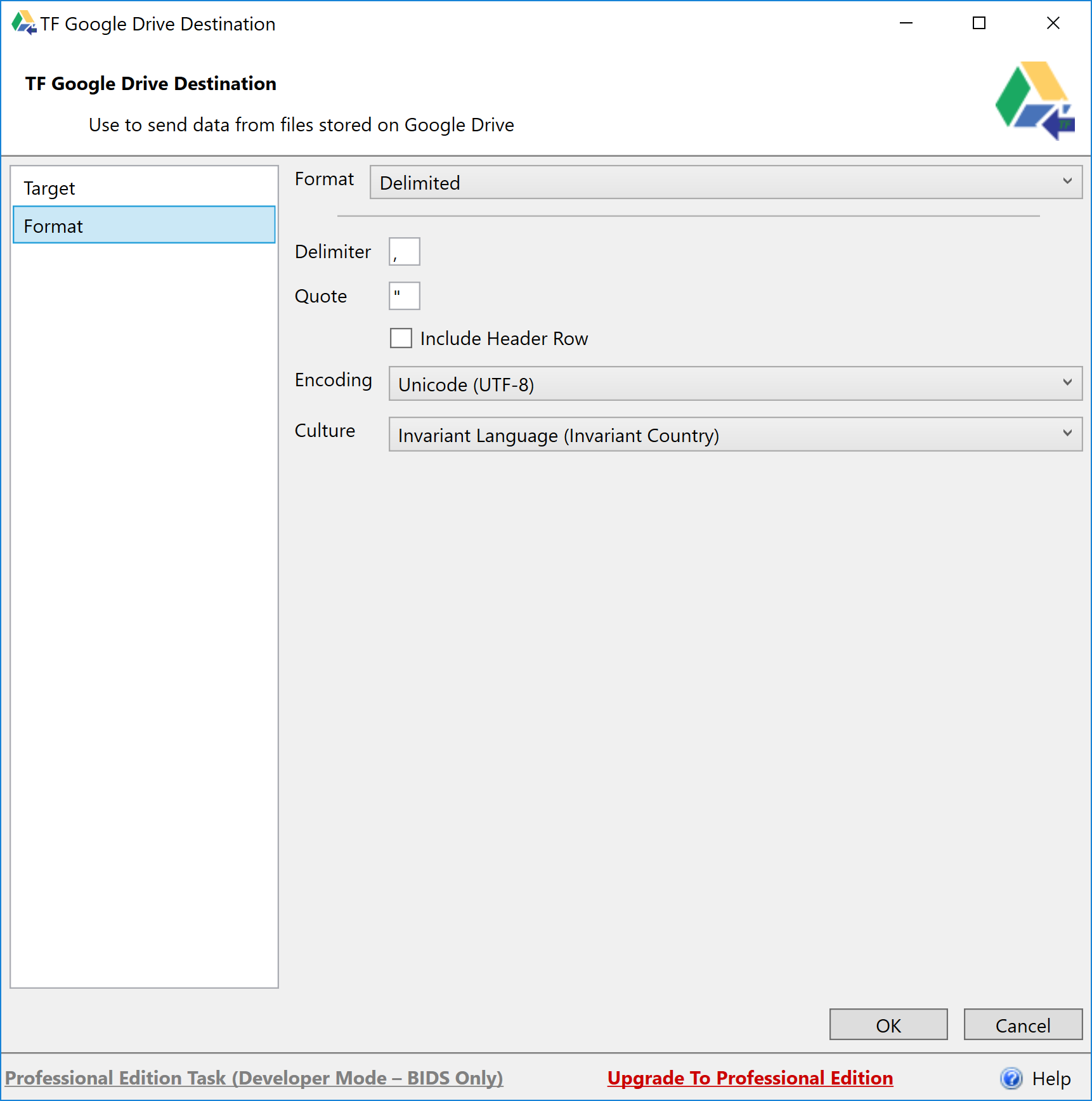 Task Factory Google Drive Destination Format Delimited
