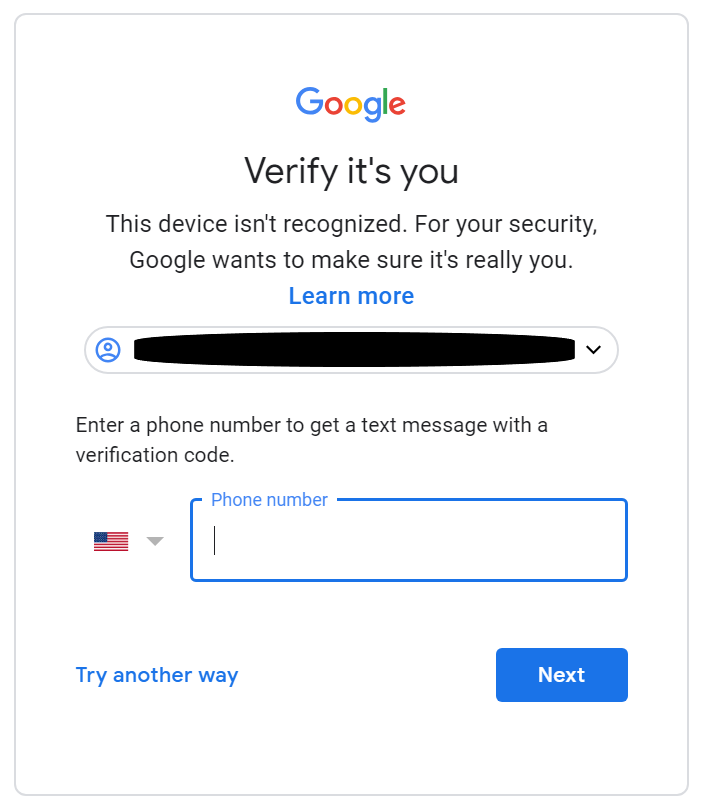 Google screen: "Verify it's you". Box for entering phone number.