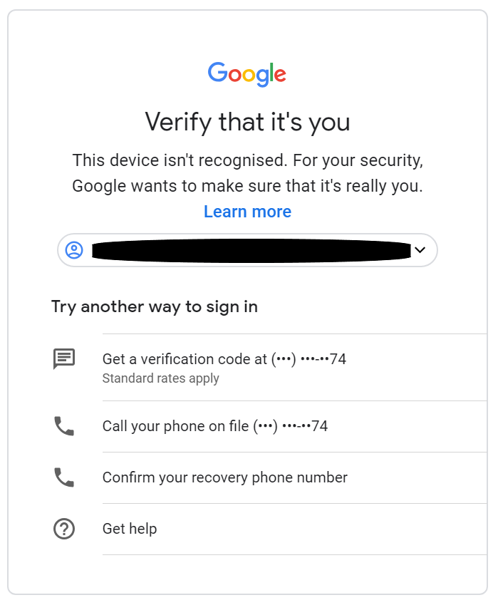 Google screen: "Verify it's you". Offers sign in options using text or phone number