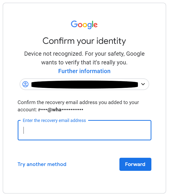 Google screen: "Confirm your identity". Asks for recovery email address in the box.