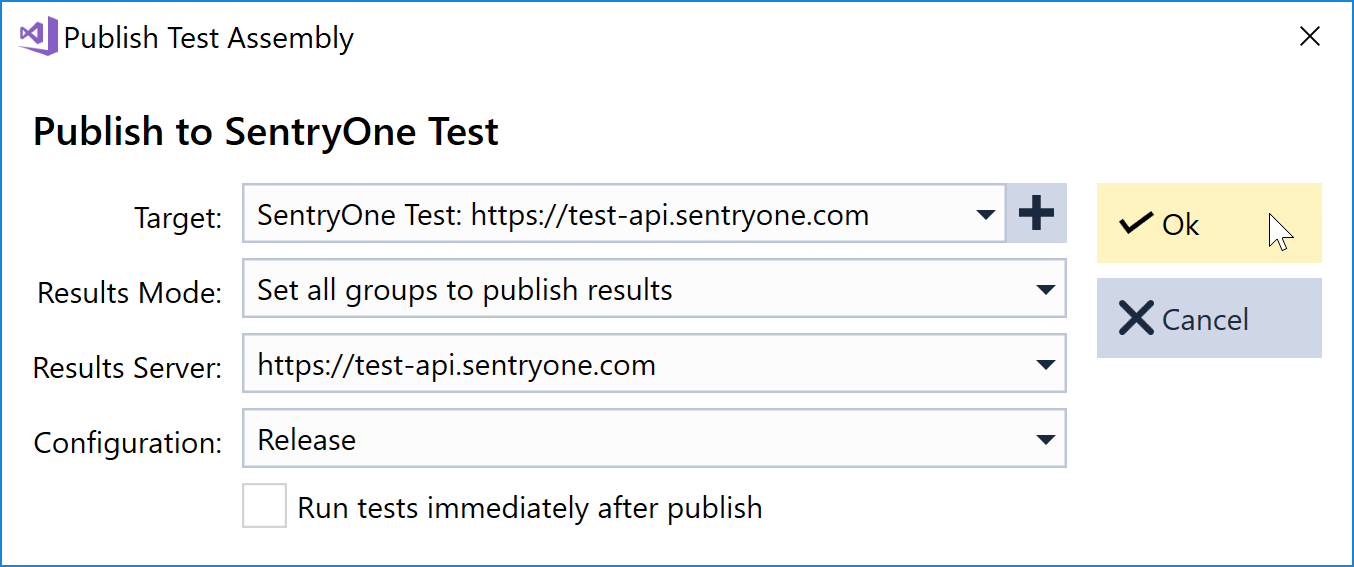 SentryOne Test Publish Test Assembly window