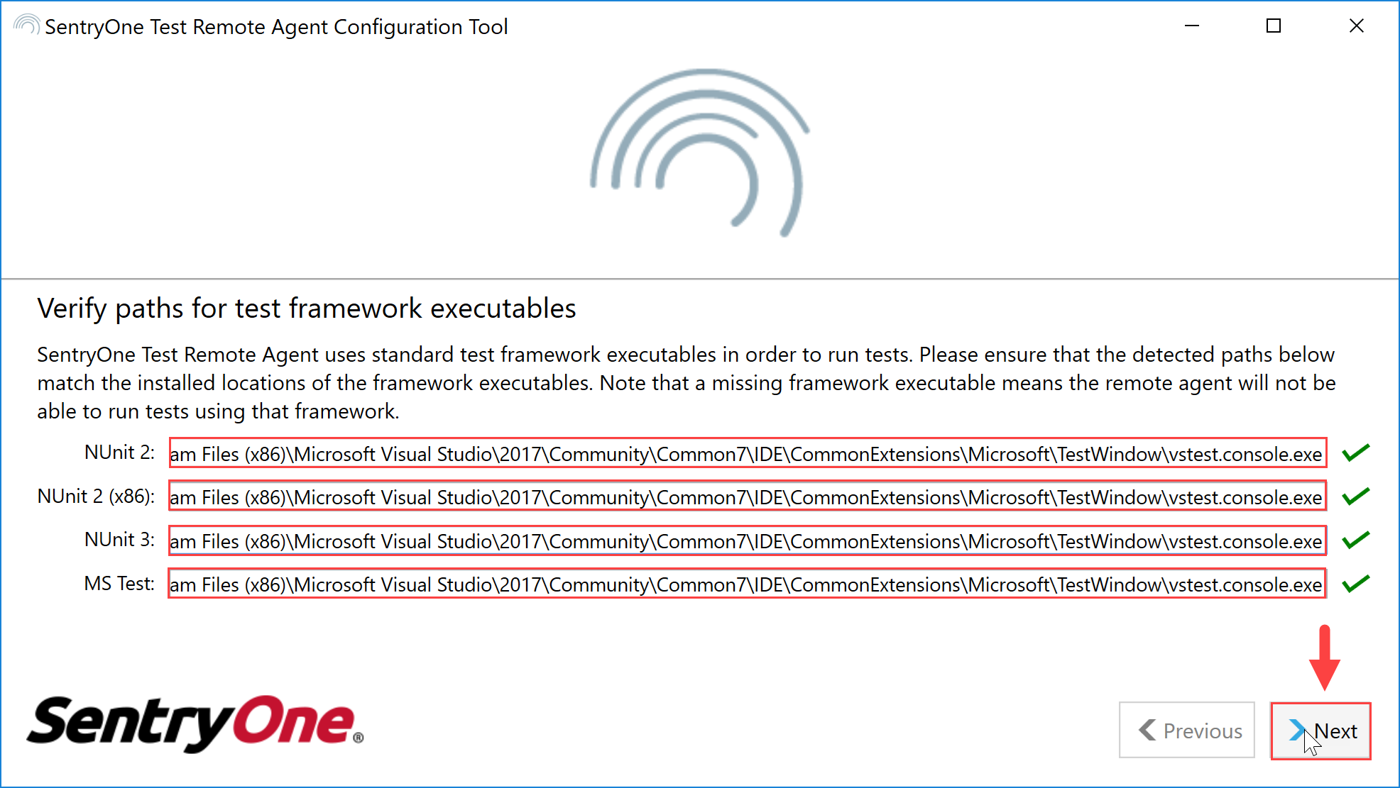 SentryOne Test Remote Agent Configuration Tool Verify paths for test framework executables