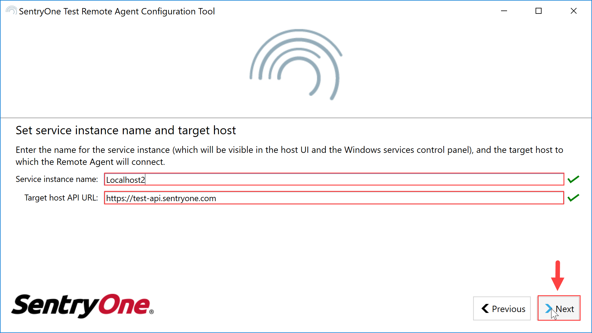 SentryOne Test Remote Agent Configuration Tool Set service instance name and target host