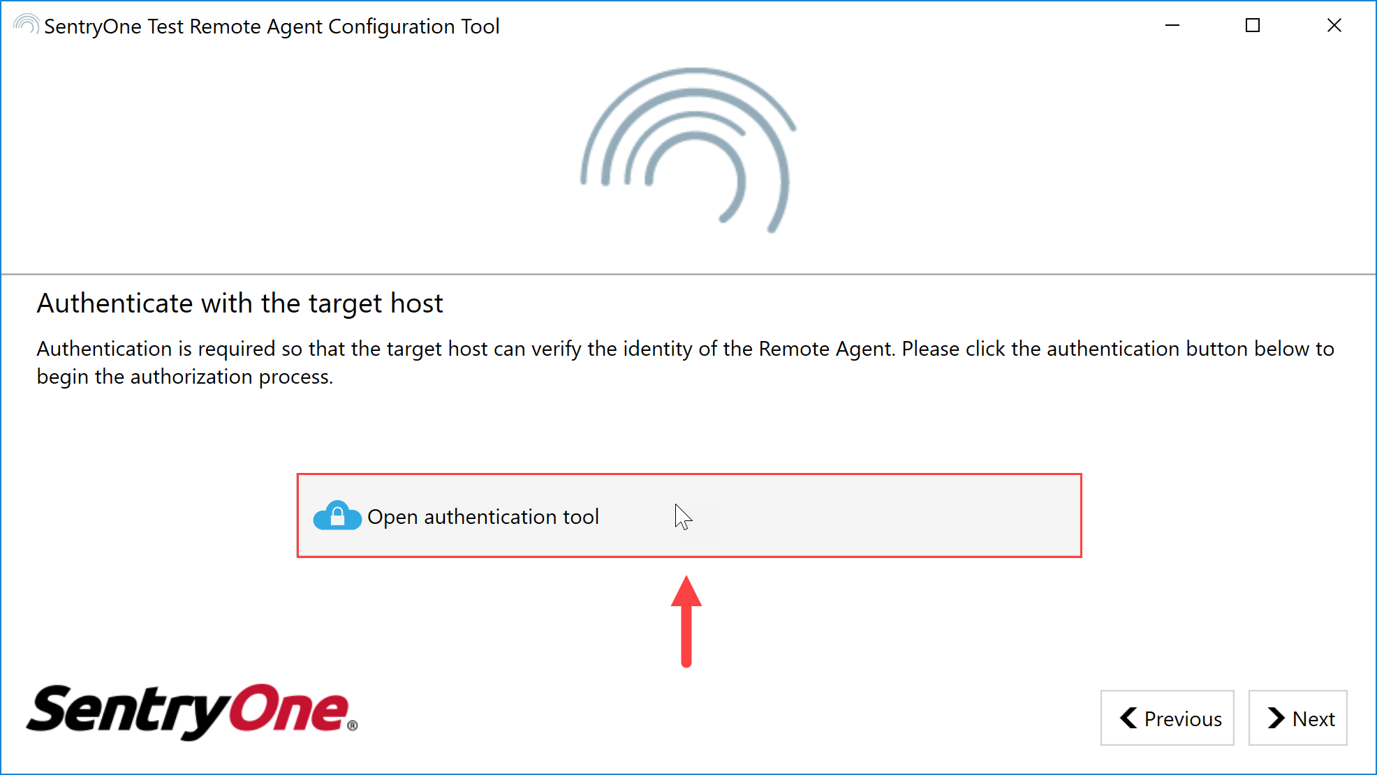 SentryOne Test Remote Agent Configuration Tool Open authentication tool