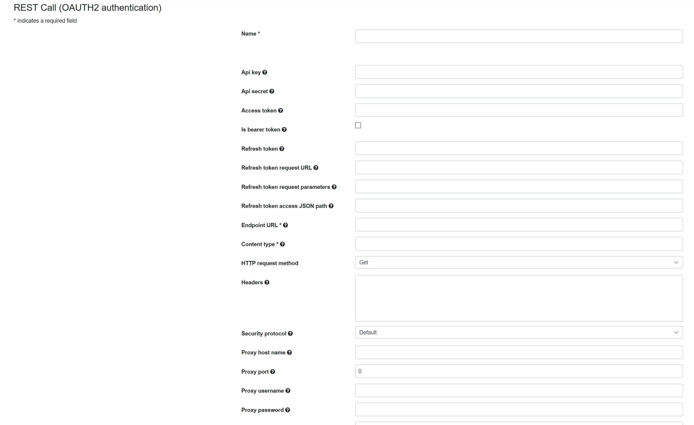 SentryOne Test Create REST (OAuth2 authentication) Target form