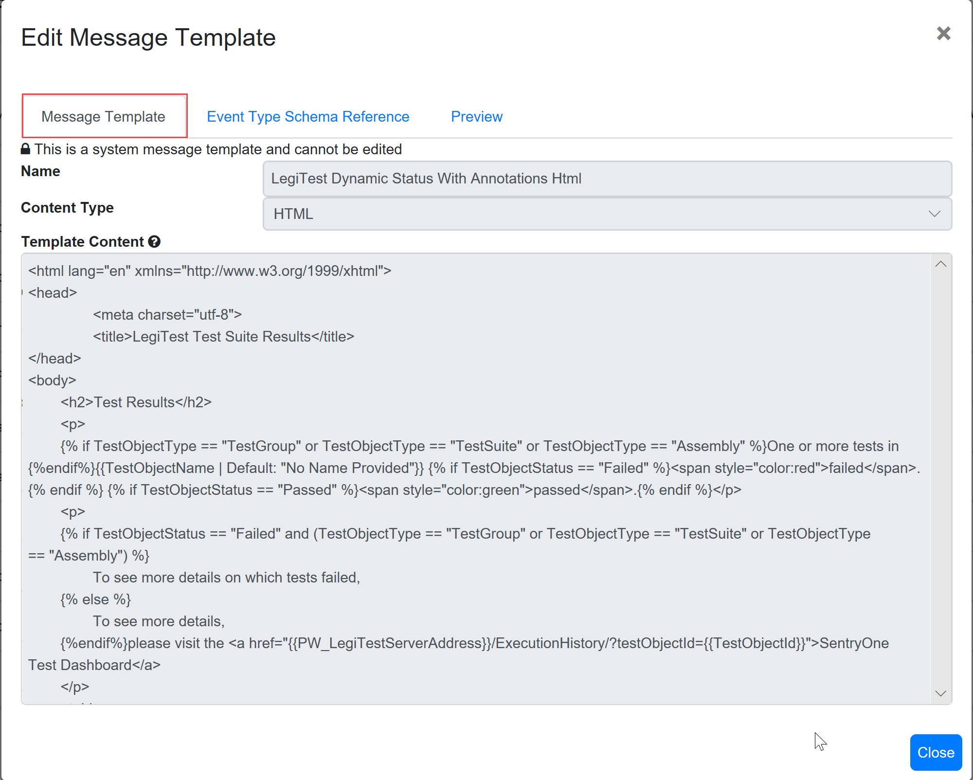 SentryOne Test Edit Template window Message Template