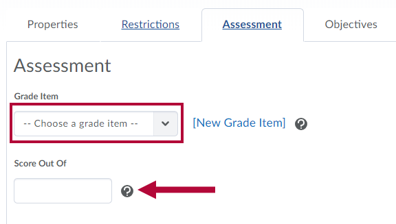 Topic assessment tab with grade item and score out of options.