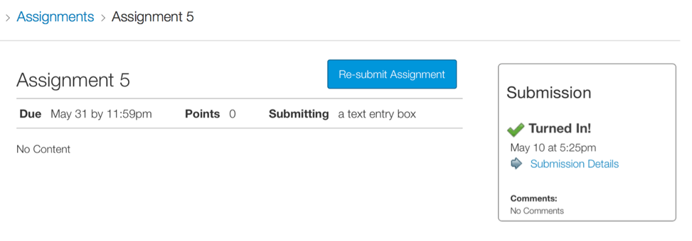 Image shows confirmation text at the right: Submission Turned in!