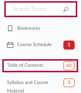 Shows Search field and Table of Contents