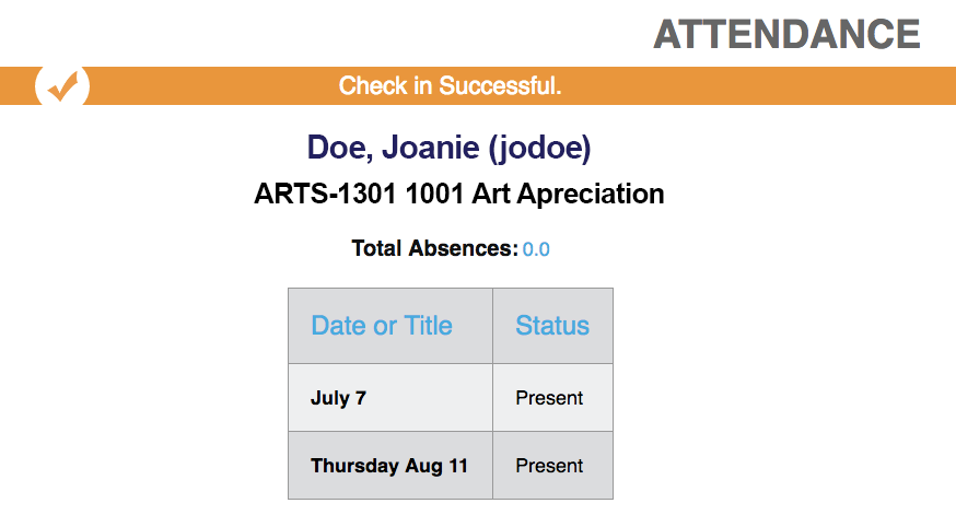 Shows Successful Check-In confirmation screen