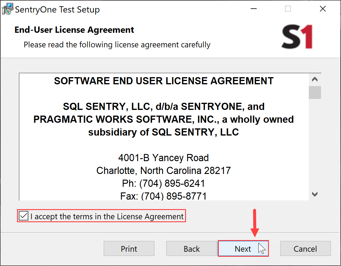 SentryOne Test On Premises Installer License Agreement