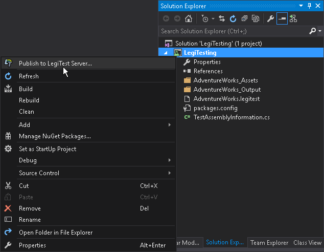 LegiTest Visual Studio Extension select Publish to LegiTest Server