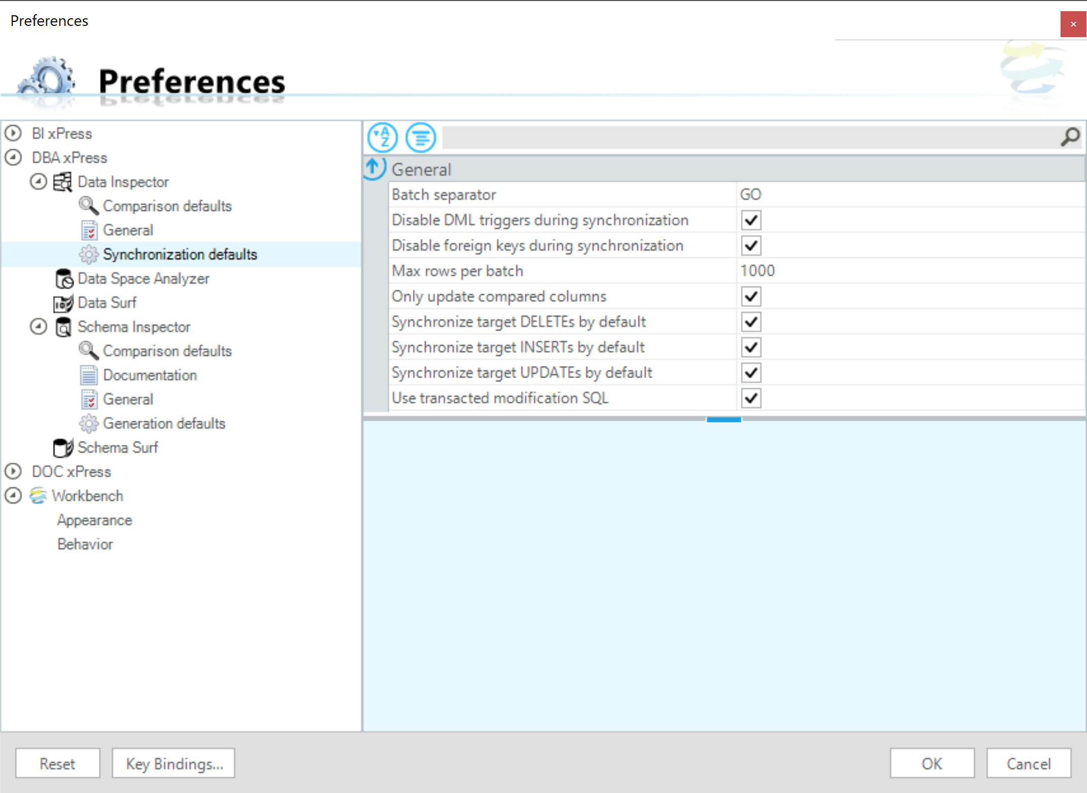 SentryOne Workbench DBA xPress Preferences Data Inspector Synchronization defaults