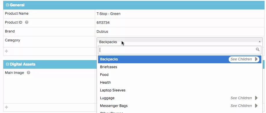 Dropdown list of subcategories under Backpacks on a Salsify product detail page