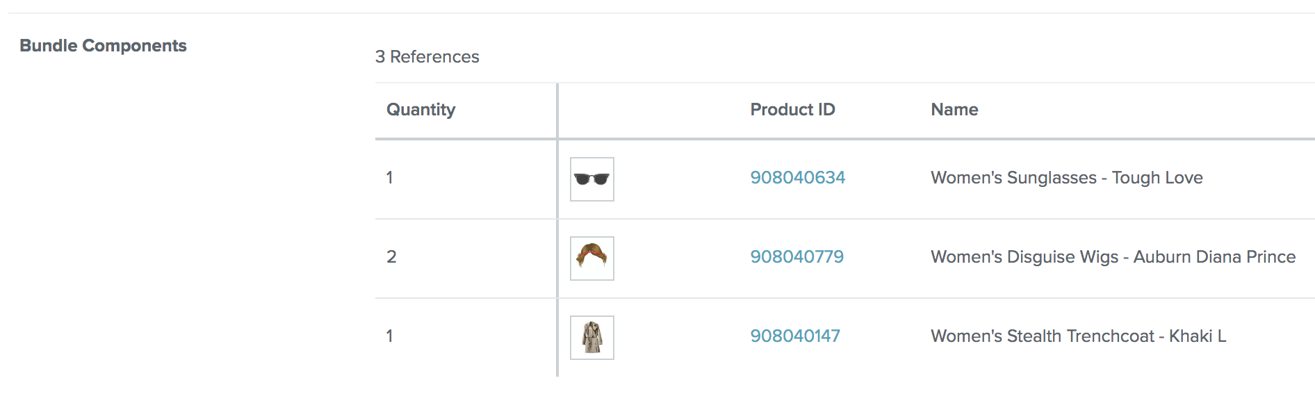 Example of three quantified product references with product IDs and quantities on a product detail page 