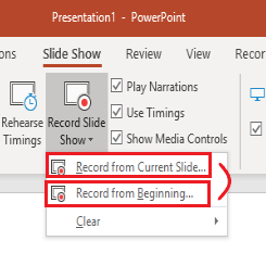 Click slideshow tab and either record from current slide or record from the beginning
