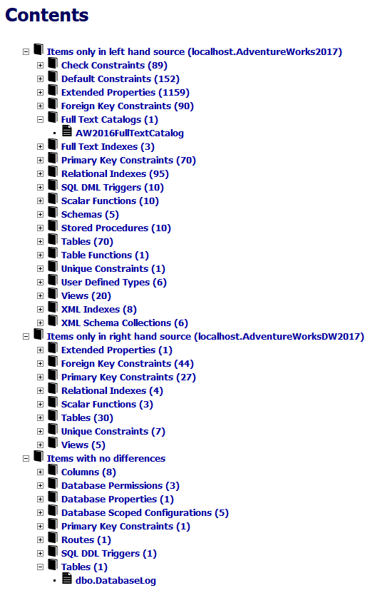 DBA xPress Command Line Schemacompare Script HTML Report Contents