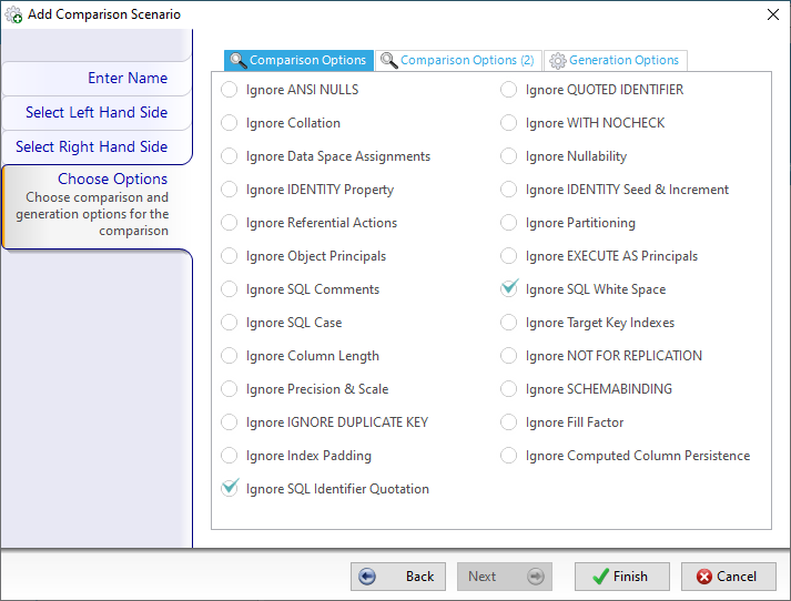 DBA xPress Command Line Schema Inspector Set Scenario Options for Comparison
