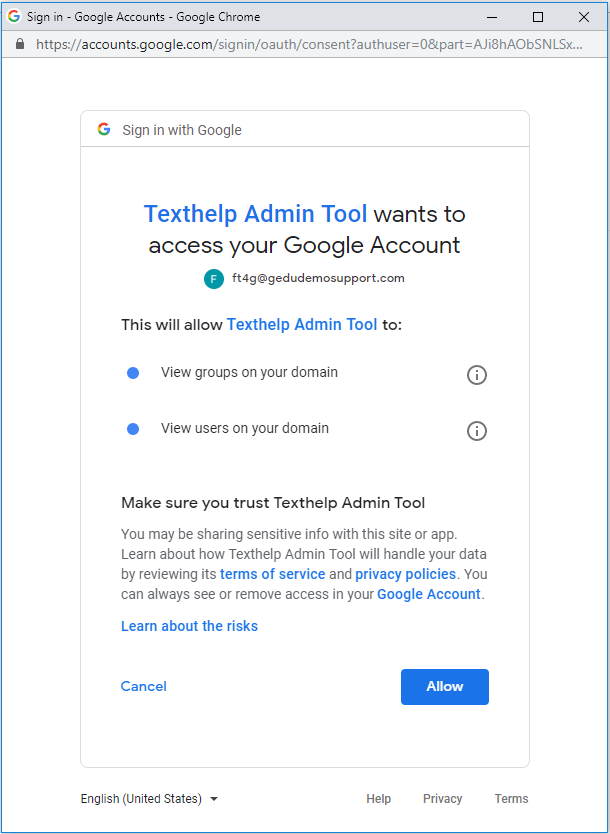 Google Permissions Window screen asking to allow Admin Tool access to your Google Account