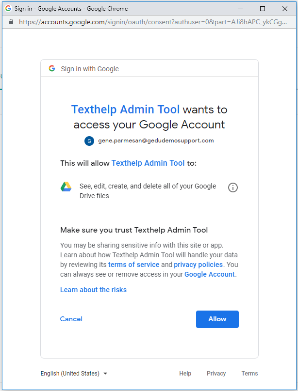 Google Permissions Window screen asking to allow Admin Tool access to your Google Account