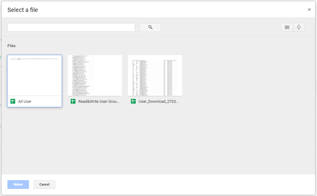 Select a file screen showing the files you can upload from Google Sheets