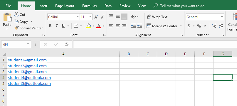 An example spreadsheet open in Excel with a list of user emails in column A