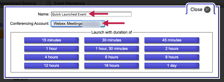 Indicates Quick launch event setup and duration options