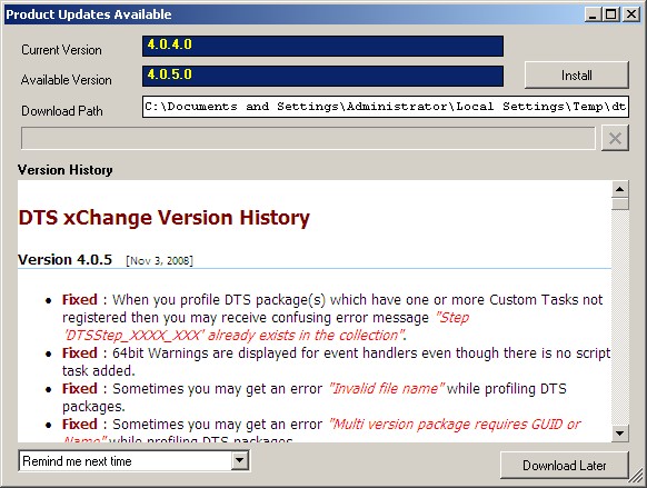 DTS xChange Product Updates Screen
