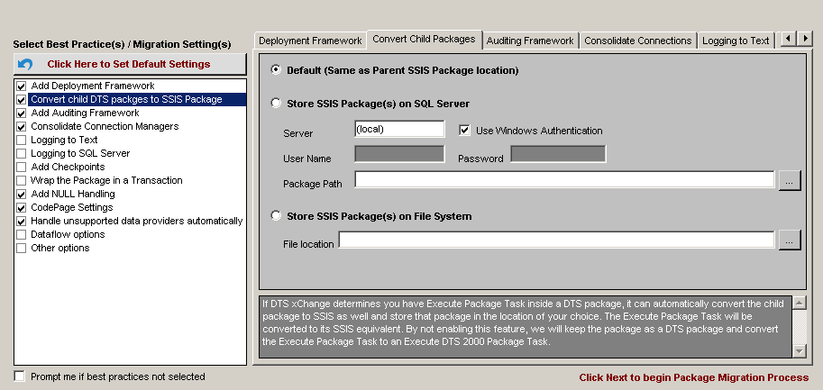 DTS xChange Convert Child Packages tab