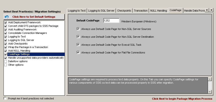 DTS xChange CodePage Settings tab