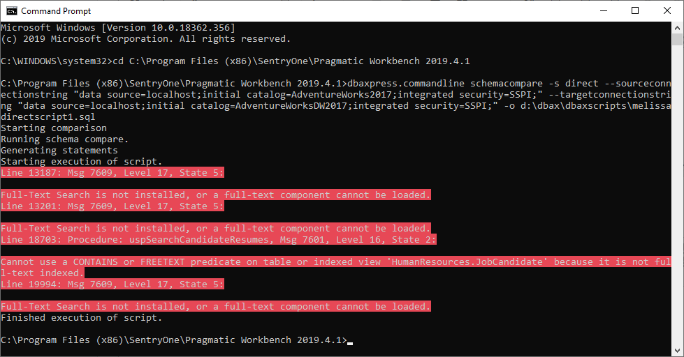 DBA xPress Command Line SQL Server Errors Example