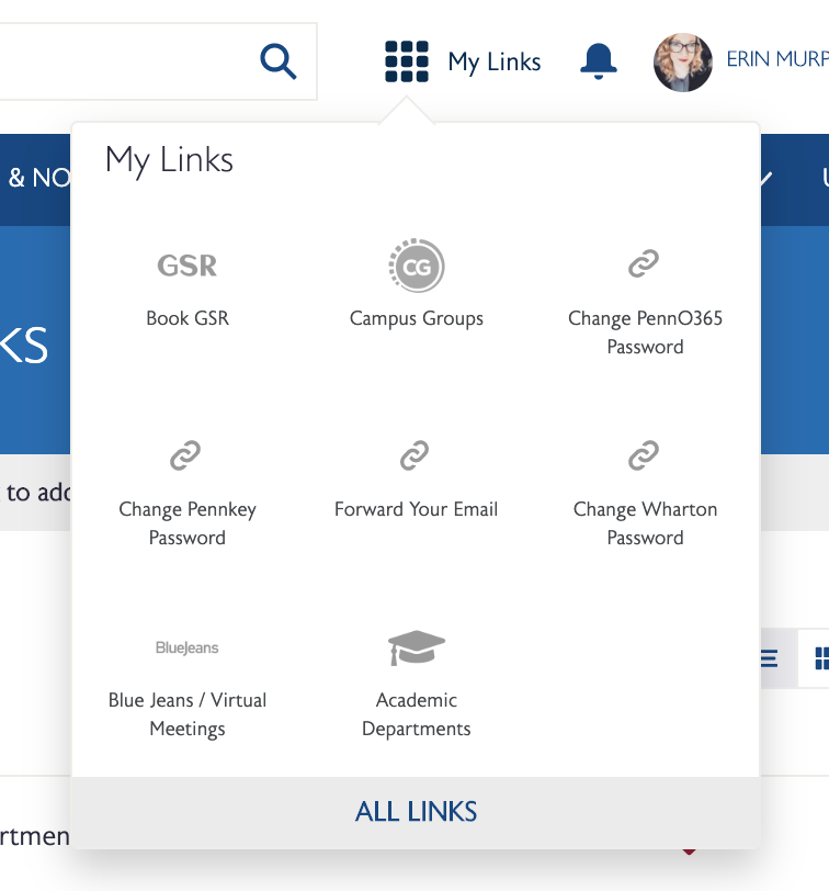 The My Links section of MyWharton expanded.