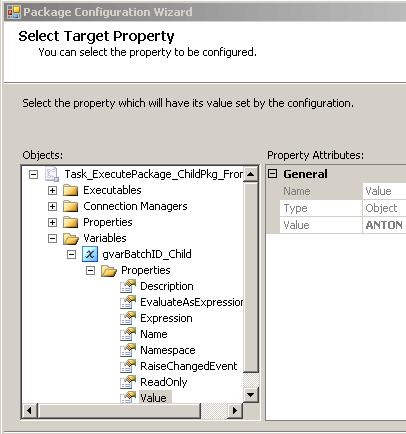 DTS xChange Package Configuration Wizard Select Target Property