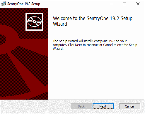 SentryOne 19.2 Setup Window Service Account Information page, End User License Agreement page, and Complete Setup page.