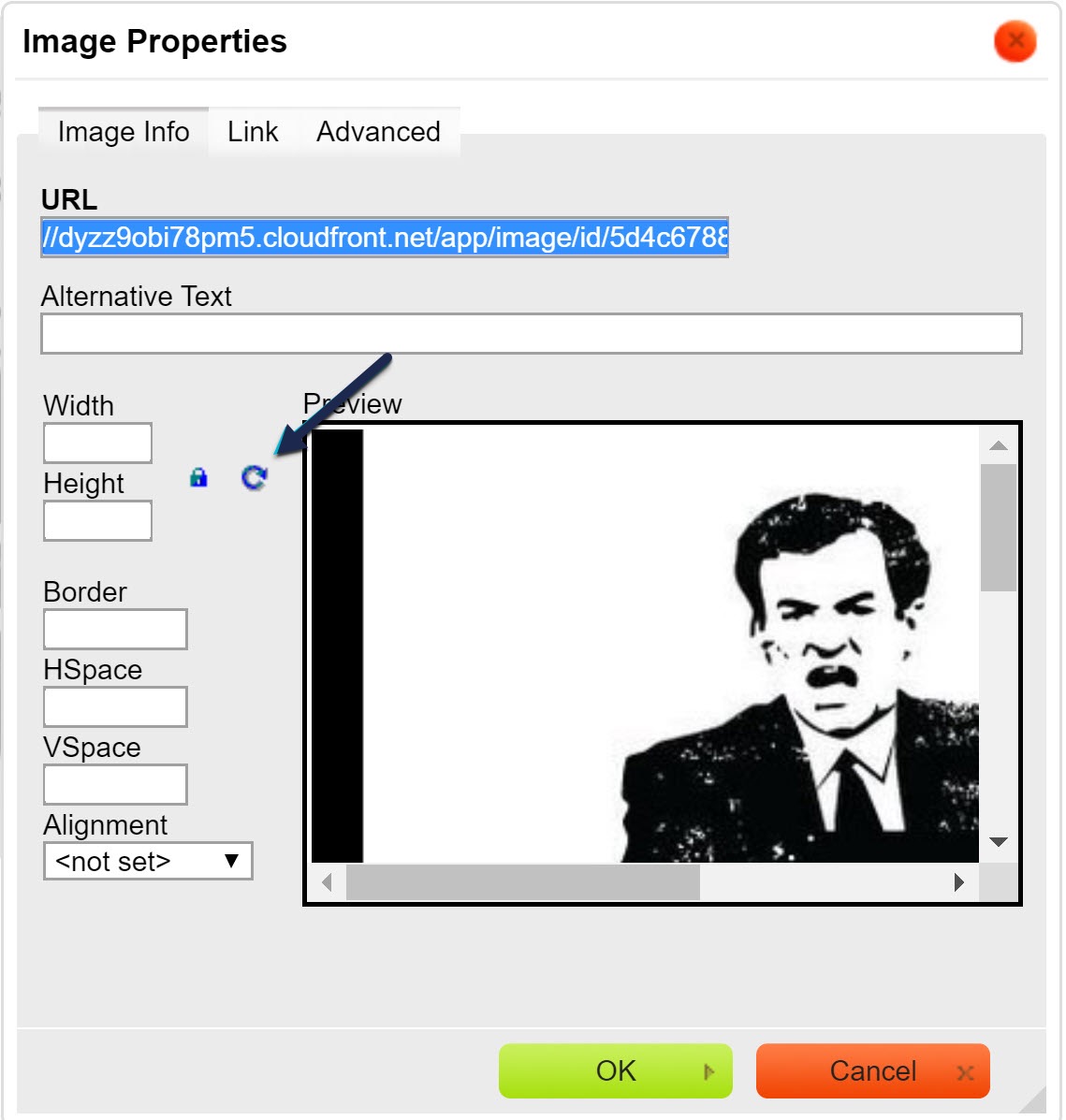 Screenshot showing the Image Properties pop-up, with a callout to the refresh arrow next to the Width and Height