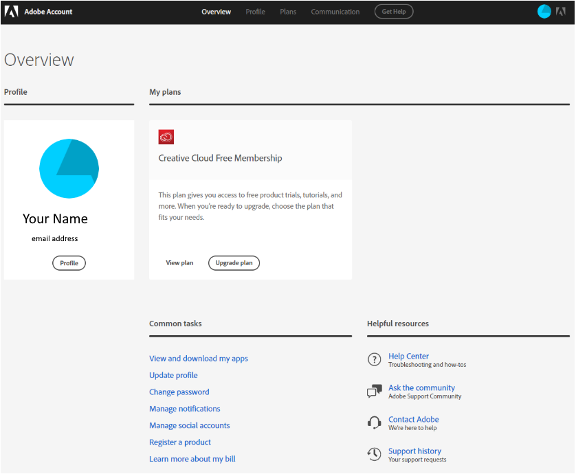Adobe profile overview webpage.